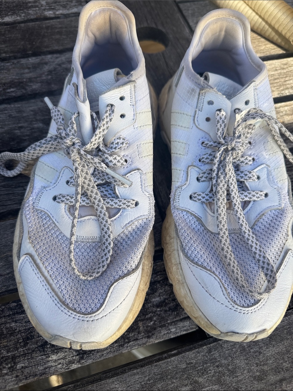 adidas White and Light Gray Women's Athletic Sneakers with Patterned Laces